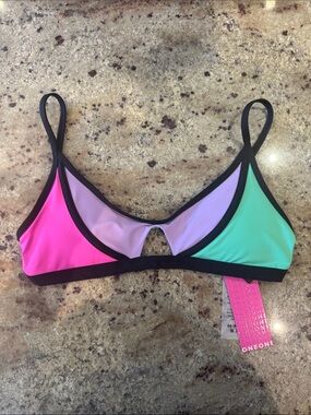 Neon Colorblock Bikini Top with Black Trim